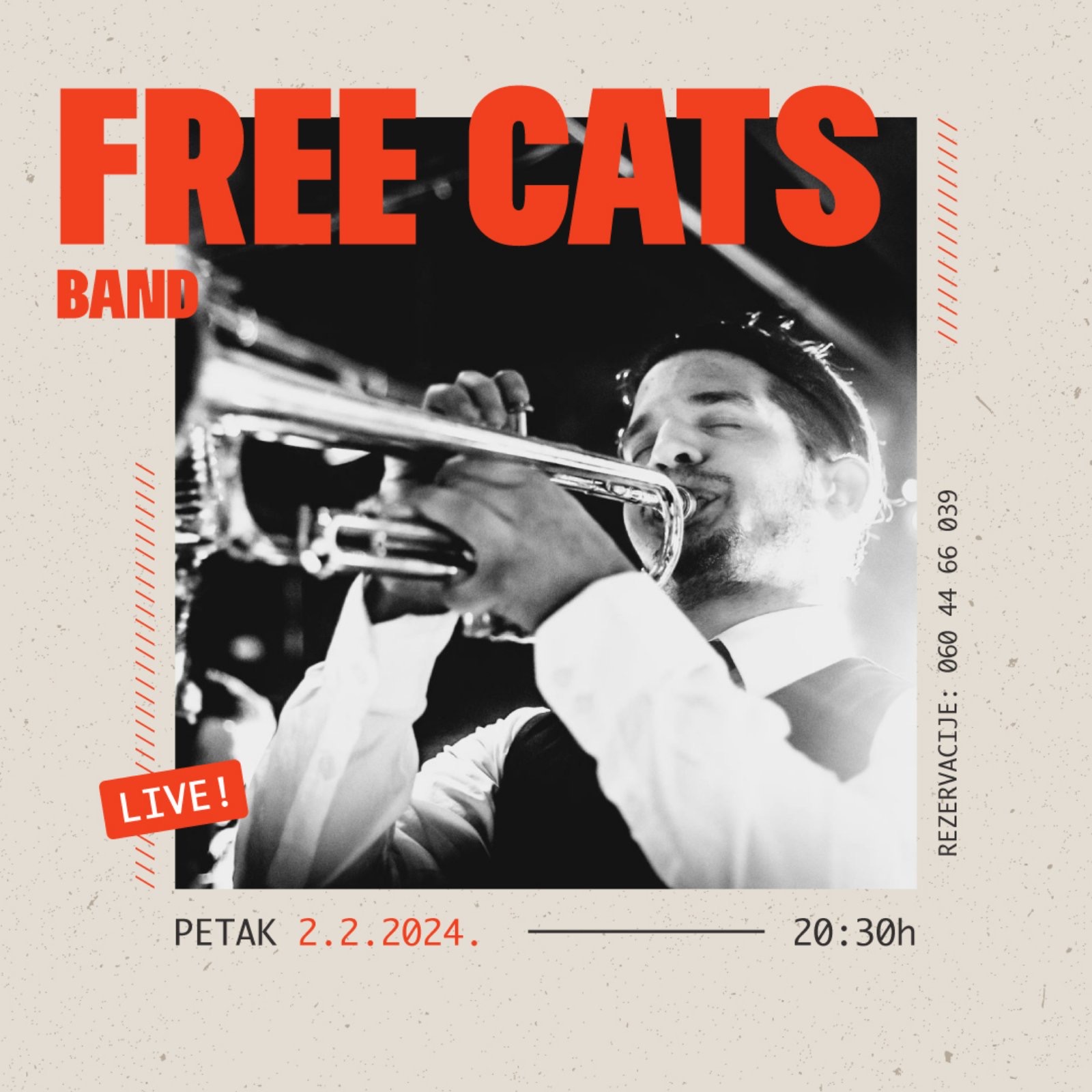 Ovog petka uživajte u ritmu koji traje celu noć! Free cats band vas vodi na uzbudljivo muzičko putovanje kroz različite žanrove džeza. Vidimo se 2.2. na adresi Žorža Klemansoa 19.